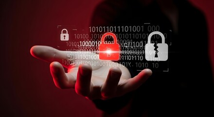 Hand with digital locks and binary code representing data security cybersecurity encryption
