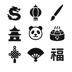 Set of black solid glyph icons representing traditional Chinese culture, featuring various iconic Asian symbols