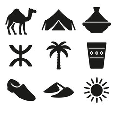 Set of black silhouette icons representing traditional North African, Amazigh, and desert culture elements for travel and design