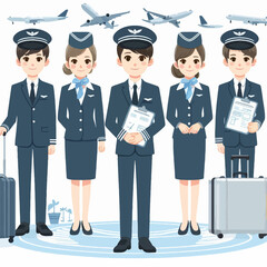 Cartoon-style illustration of a group of pilots and flight attendants in their professional attire,  standing in a formal arrangement.