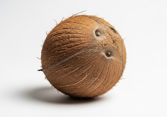 Whole brown coconut with fibrous husk and three dark eyes on white fruit tropical