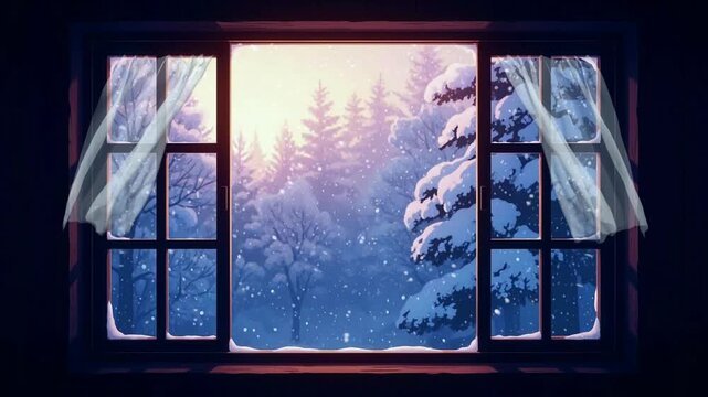 Cozy Window View of a Winter Wonderland with Snowfall and Forest of Evergreen Trees in the Distance and Soft Light