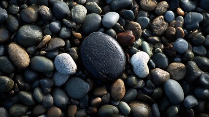 Close up view of wet smooth natural pebbles and rocks on a beach