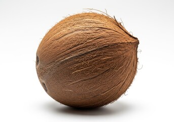 Whole brown coconut with textured husk against a white fruit tropical