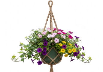 Beautifully arranged colorful blooming flowers in a macrame plant hanger isolated on transparent background