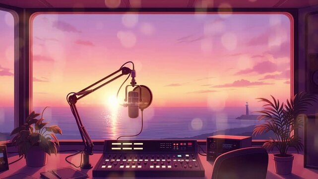 Radio Studio with Mixing Console Microphone and Seaside Sunset View with Pink and Orange Sky Waves and Coastal Lighthouse