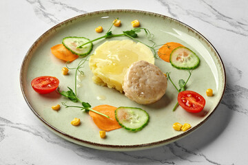 Delicious steamed cutlet with mashed potatoes and fresh vegetables on elegant plate