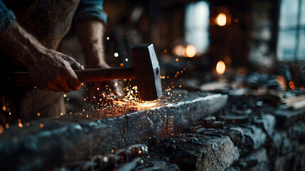 Blacksmith hitting anvil with great hammer
