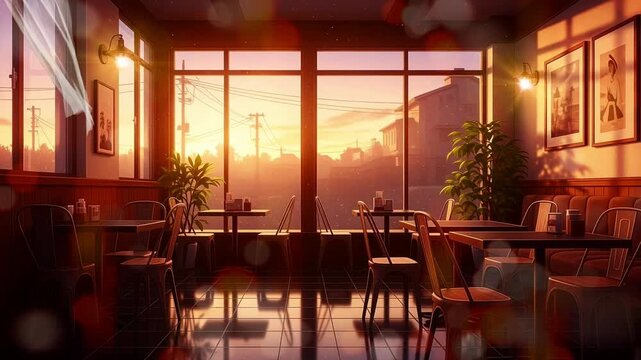 Warm Sunset Light Illuminating a Vintage Cafe Interior with Tables Chairs Plants and Cityscape View Creating a Cozy and Relaxing Atmosphere
