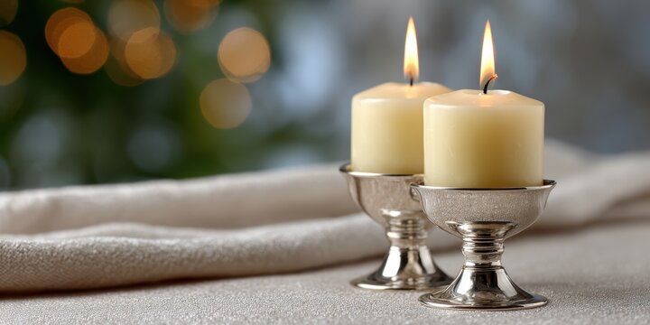 rosh hashanah postcard design, rosh hashanah postcard with two illuminated candles and a kiddush cup on a soft-focus tablecloth, warm bokeh in the background, and ample space for a greeting