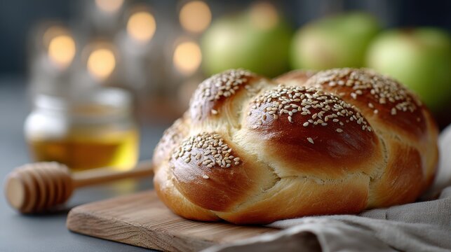 holiday baking, round challah, just baked with shiny glaze and sesame seeds on a wooden board, with honey and apples nearby, the table is blurry in the background