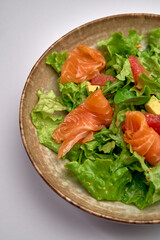 Fresh and Colorful Salad with Delicious Salmon Slices on a Rustic Plate, Highlighting Vibrant Greens and Juicy Ingredients for a Wholesome Meal Experience