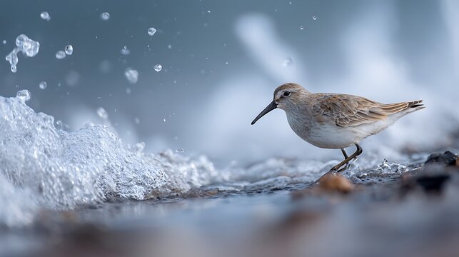 A small sandpiper bird stands on a rocky shore near splashing water