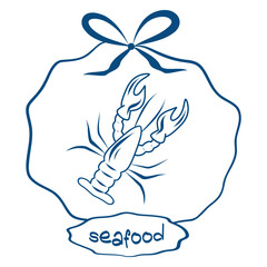 Lobster in Bow Label, Seafood Label Drawing, Hand drawn Mediterranean Lobster Badge