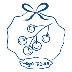 Tomato on Vine Tag with Bow, Vegetables Sketch Label with Ribbon, Cherry Tomato Badge