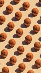 Obraz premium Basketballs in a repeating pattern, casting shadows on a beige background