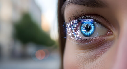 Visionary Eye: A close-up shot of an eye, augmented with holographic data overlay, symbolizing the fusion of technology and human vision. Showcasing the futuristic interface and digital reality.