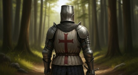 Fototapeta premium Medieval crusader clad in shining armor journeys along a forest path with ancient trees casting