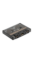 Obraz premium Compact microcassette tape with translucent black plastic case, visible brown magnetic tape spools, recessed label, and front grid, isolated on a seamless transparent background with even lighting, no