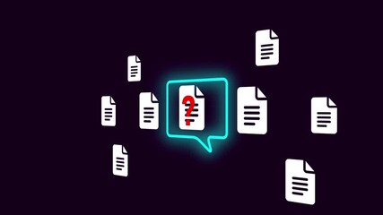 Document Error Alert with Question Mark Icon – File Confusion Concept Animation.Floating Documents with Question Mark Pop-Up in Speech Bubble. 