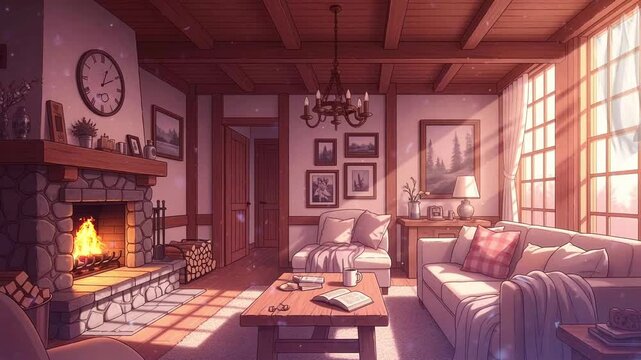 Warm Interior With Stone Fireplace Wooden Ceiling and Cozy Atmosphere Lit by Sunlight Featuring Sofa Table Decoratons and Books