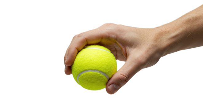 Isolated hand holding a bright yellow tennis ball ready for a serve on a black background studio shot