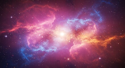 Obraz premium Cosmic nebula with vibrant pink, blue, and orange hues, swirling gases, and a bright central star.