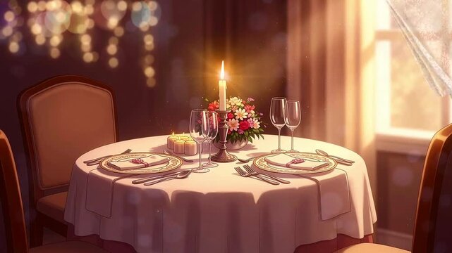 Romantic Candlelit Dinner Table Setting with Flowers Wine Glasses and White Tablecloth in Soft Golden Light Creates an Intimate Atmosphere