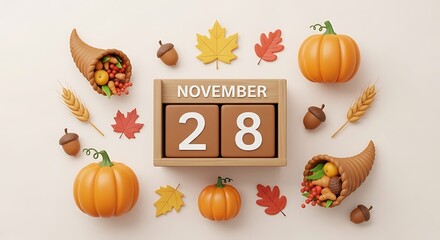 Thanksgiving date on november 28 with pumpkins, cornucopias, and autumn leaves on a bright background