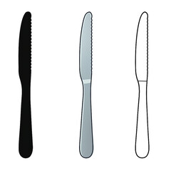 Knife Vector Set – Silhouette, Colorful, and Outline Versions – Kitchen and Dining Tool Illustration on White Background