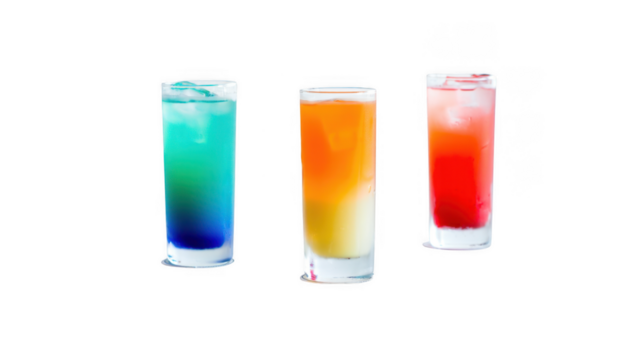 Three colorful layered cocktails in tall glasses isolated on a transparent background isolated on transparent background - Powered by Adobe