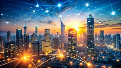 Vibrant cityscape skyline at dusk with illuminated buildings and a glowing digital network, representing connectivity and progress