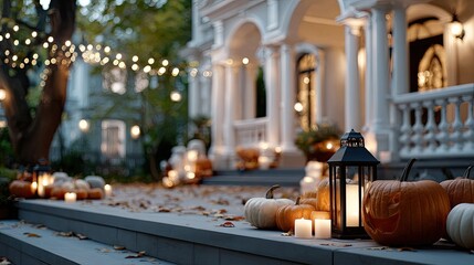 Spooky night features glowing jack-o-lanterns, an old mansion, and a dark forest fog, setting the perfect Halloween atmosphere