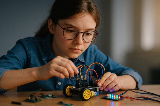 Young girl learning robotics assembling electronic components on a car model in a creative workshop, showcasing focus, innovation, and technology in education