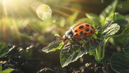 Beetles are sitting on a sunflower. Insect pests on agricultural fields.
