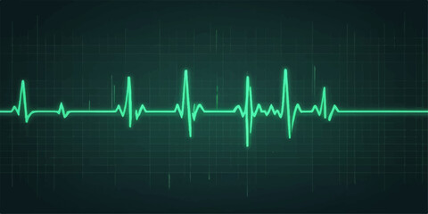 Cardiogram of a pulsing heartbeat on an ECG monitor displaying a green wave line for medical health illustration