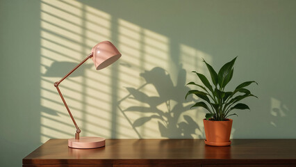 Pink desk lamp and green plant on wooden cabinet with window light shadows table lamp