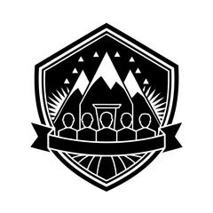 Illustrative Emblem Featuring Mountains People and Banner for Diverse Applications