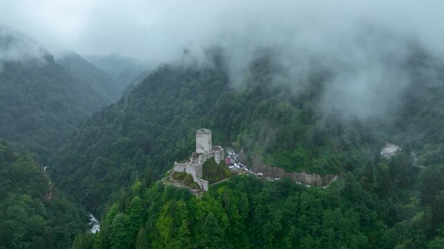 Historical Zilkale (Zil Kale) Castle located in Camlıhemsin, Rize and Kackar Mountains in the background