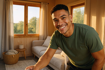 young latino man smiling in cozy sunlit living room with warm tones showing happiness and relaxation