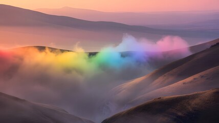 Mystical rainbow colored mist swirling through misty mountain peaks at sunrise with soft golden and pink sky