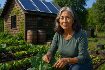 asian woman gardener tending to organic vegetable garden on a sunny day near rustic solar-powered cottage