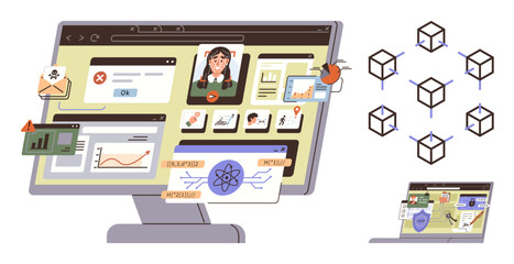 Computer with files, graphs, videos, alerts, security shield alongside blockchain diagram and laptop. Ideal for multitasking, cybersecurity, data management, blockchain digital systems innovation