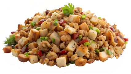 Traditional thanksgiving stuffing with cranberries, herbs and bread cubes, served on a plate isolated on transparent background, a delicious side dish