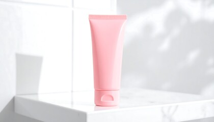 Elegant skincare concept with a blank pink cosmetic tube mockup standing on a white marble shelf against a tiled wall with soft leaf shadows.