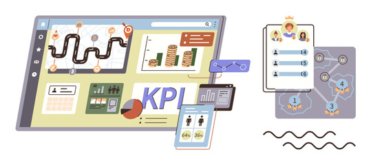 Dashboard with graphs, charts, and a KPI overview tracking financial growth. Linked is a leaderboard display defining team achievements and roles. Ideal for analytics, business planning, strategy