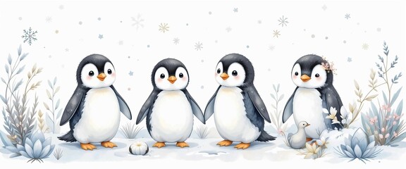 Obraz premium Cute Watercolor Baby Penguins in a Winter Landscape