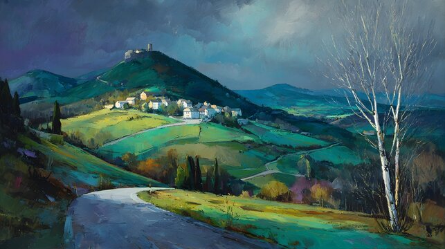Enchanting european village nestled among rolling hills under dramatic skies