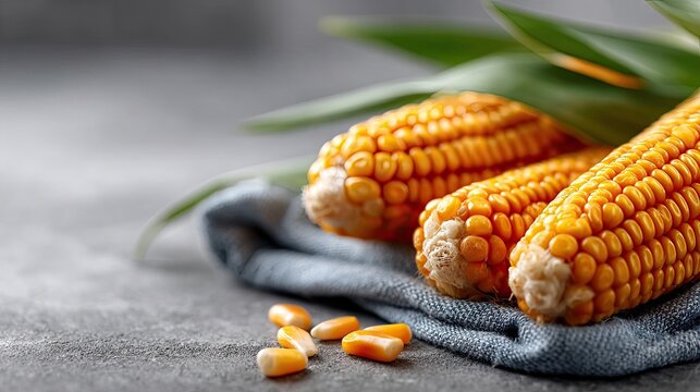 Bright yellow corn cobs nestled in green leaves rest on a textured blue cloth, offering a fresh perspective for food promotion ideas
