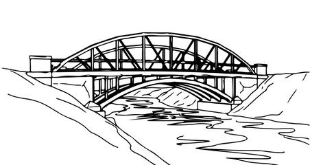 Drawing of an arched bridge over a river landscape for coloring and educational bridge illustration project
